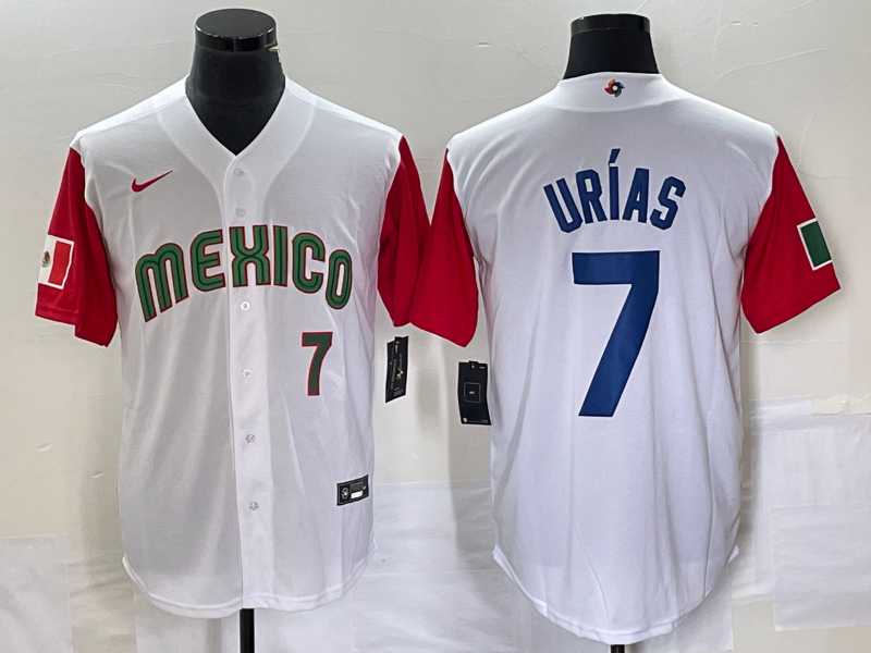 Mens Mexico Baseball #7 Julio Urias Number 2023 White Red World Classic Stitched Jersey5